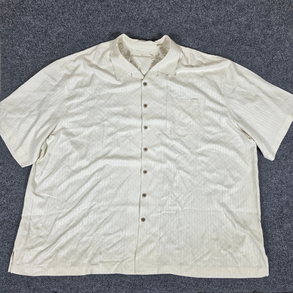 Tommy Bahama Mens 5XB Off White 100% Silk Striped Short Sleeve Camp Shirt Flaw